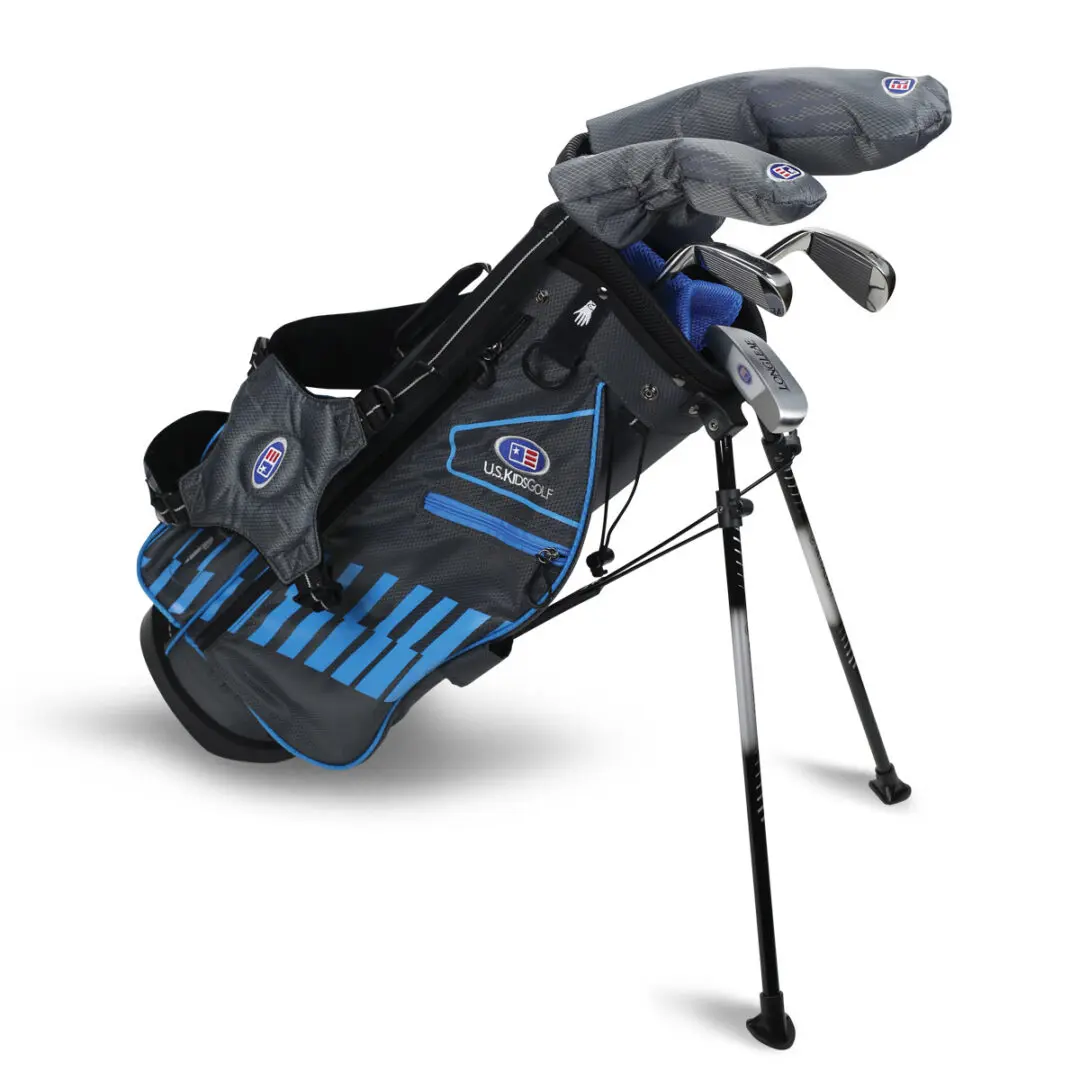 US Kids golf set and black bag with blue accents